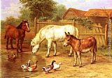 Edgar Hunt Ponies, Donkey and Ducks in a Farmyard painting